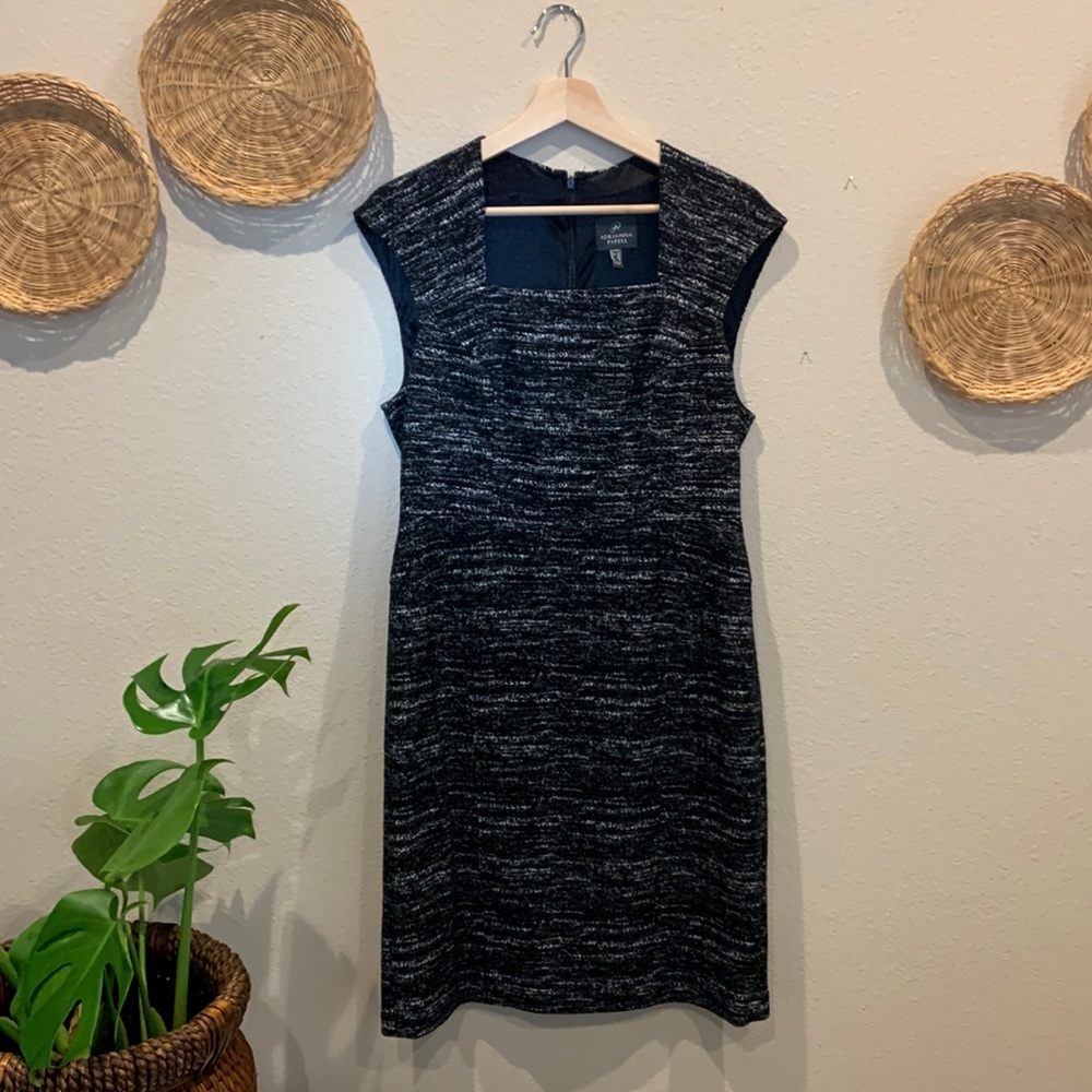 Adrianna Papell square-neck knee-length knit black and white dress